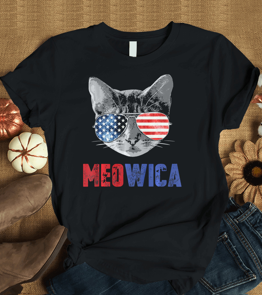 Meowica Funny Cat with American Flag Sunglasses 4th of July T-Shirt
