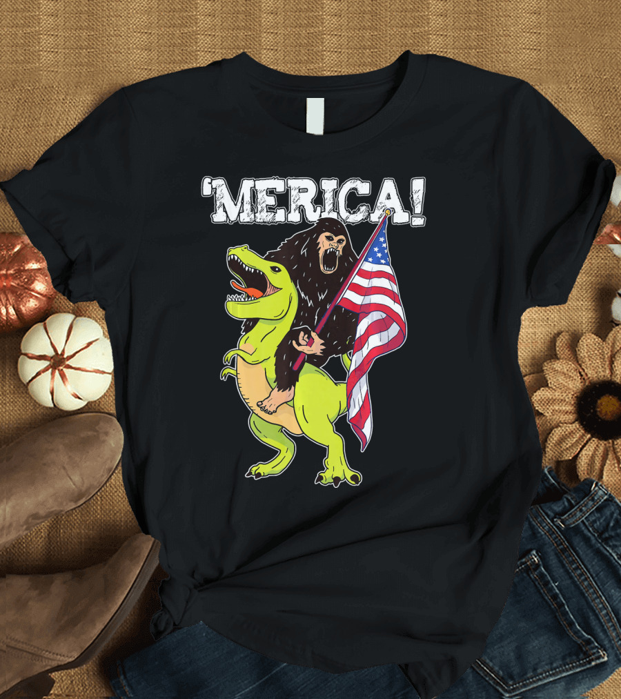 'Merica Bigfoot Dinosaur Fourth of July Patriot T-Shirt