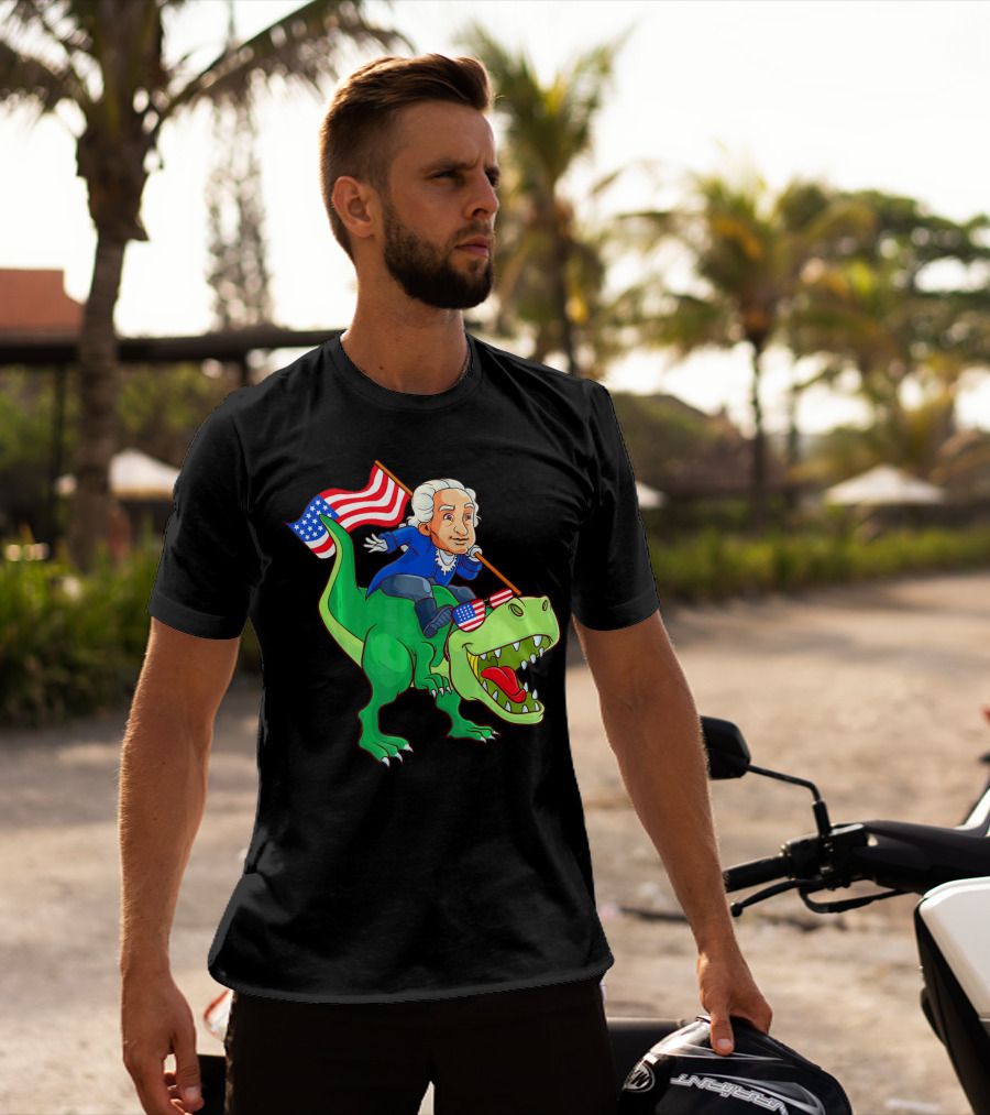 George Washington Riding Rex Dinosaur With American Flag And Sunglasses T-Shirt