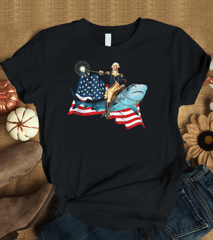 George Washington Patriotically Riding Shark with American Flag T-Shirt
