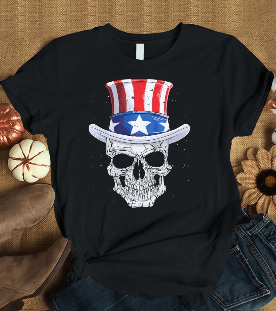 Skull 4th of July Uncle Sam Hat American Flag Star T-Shirt