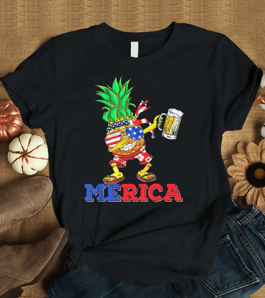 Merica Dabbing Pineapple US Flag Sunglasses Beer Mug Hawaiian Shorts T-Shirt