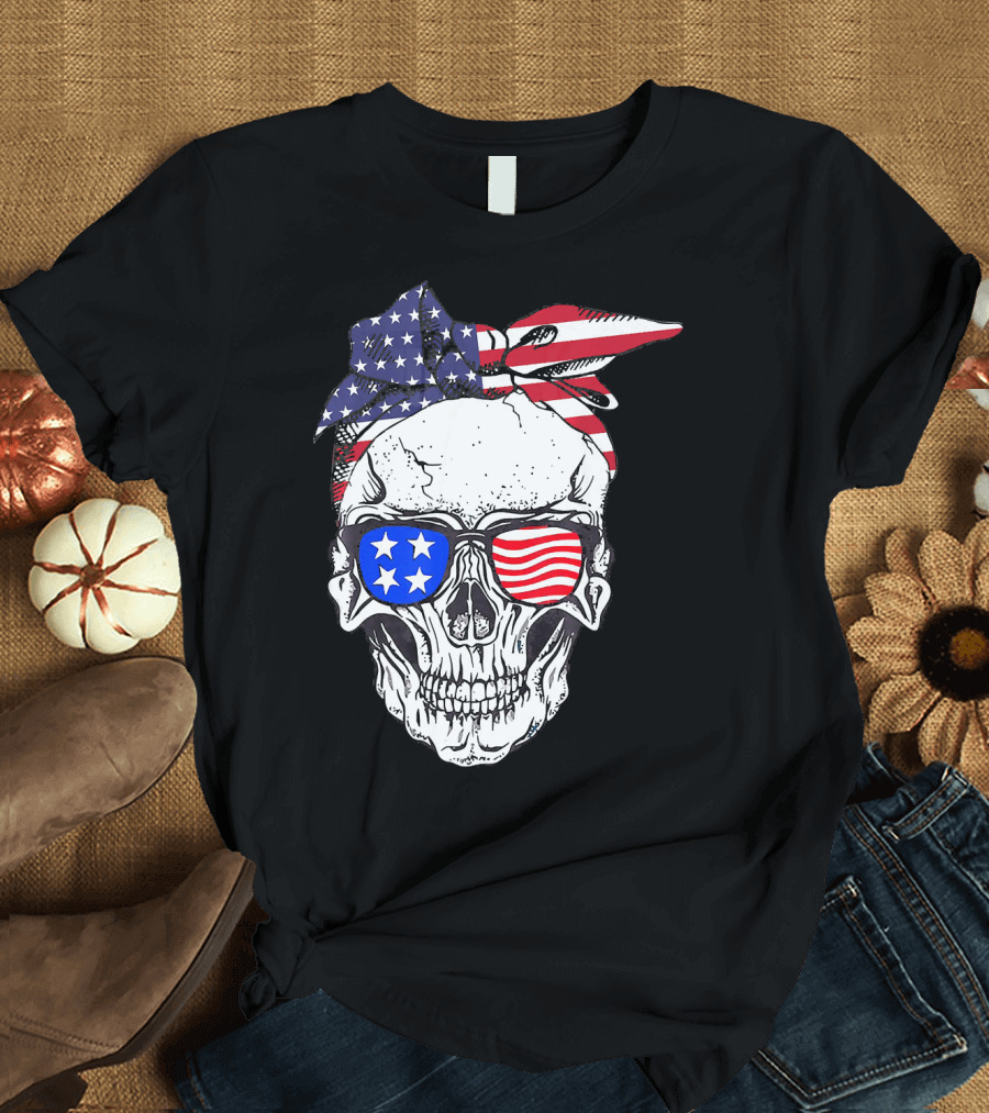Patriotic Skull American Flag Bandana Sunglasses T-Shirt