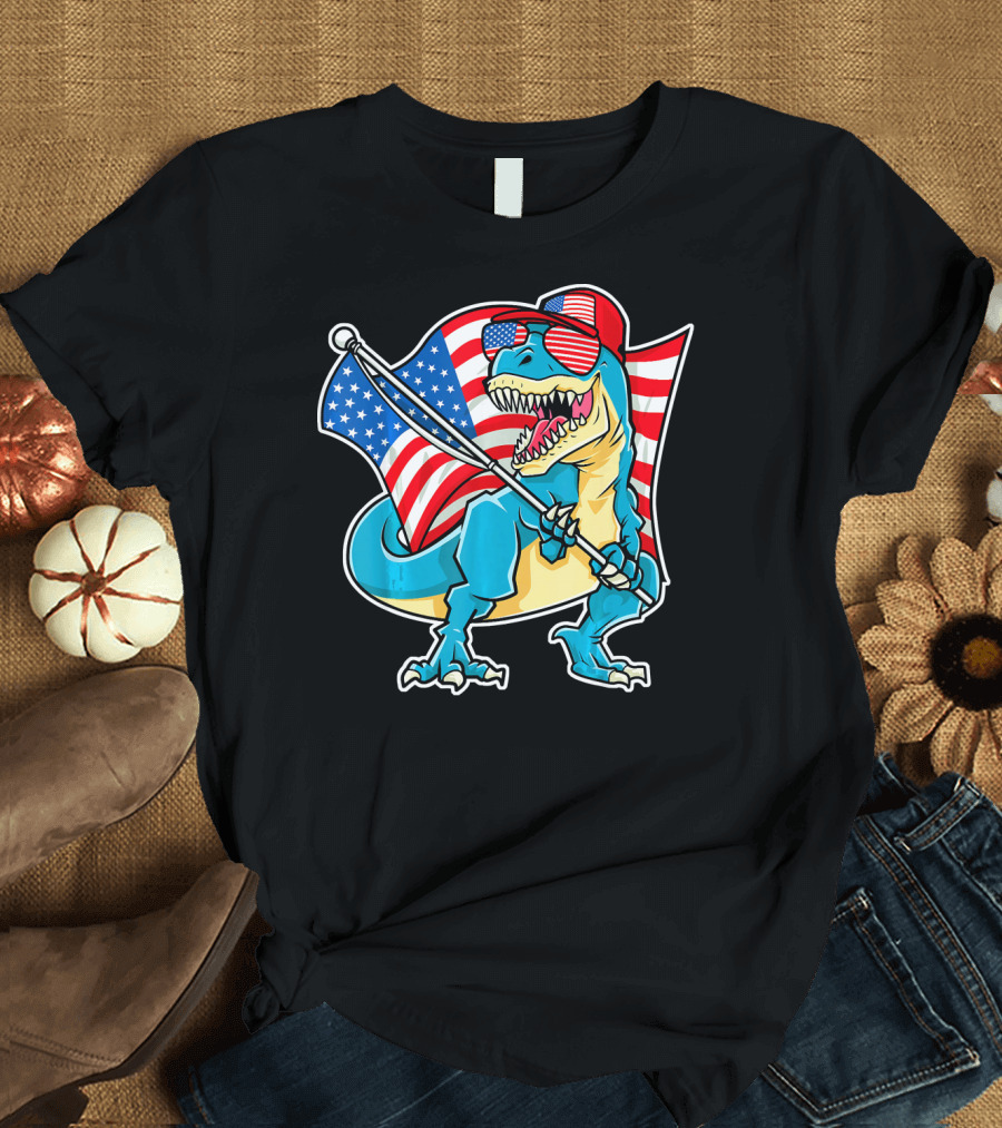 Dinosaur 4th of July Rex with American Flag and Sunglasses T-Shirt