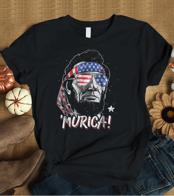 T-Shirt: 'Murica Abe Lincoln American Flag Bandana and Glasses 4th of July T-Shirt 'Murica Abe Lincoln American Flag Bandana and Glasses 4th of July T-Shirt
