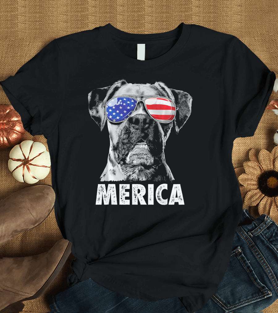 Merica Boxer Dog with American Flag Sunglasses T-Shirt