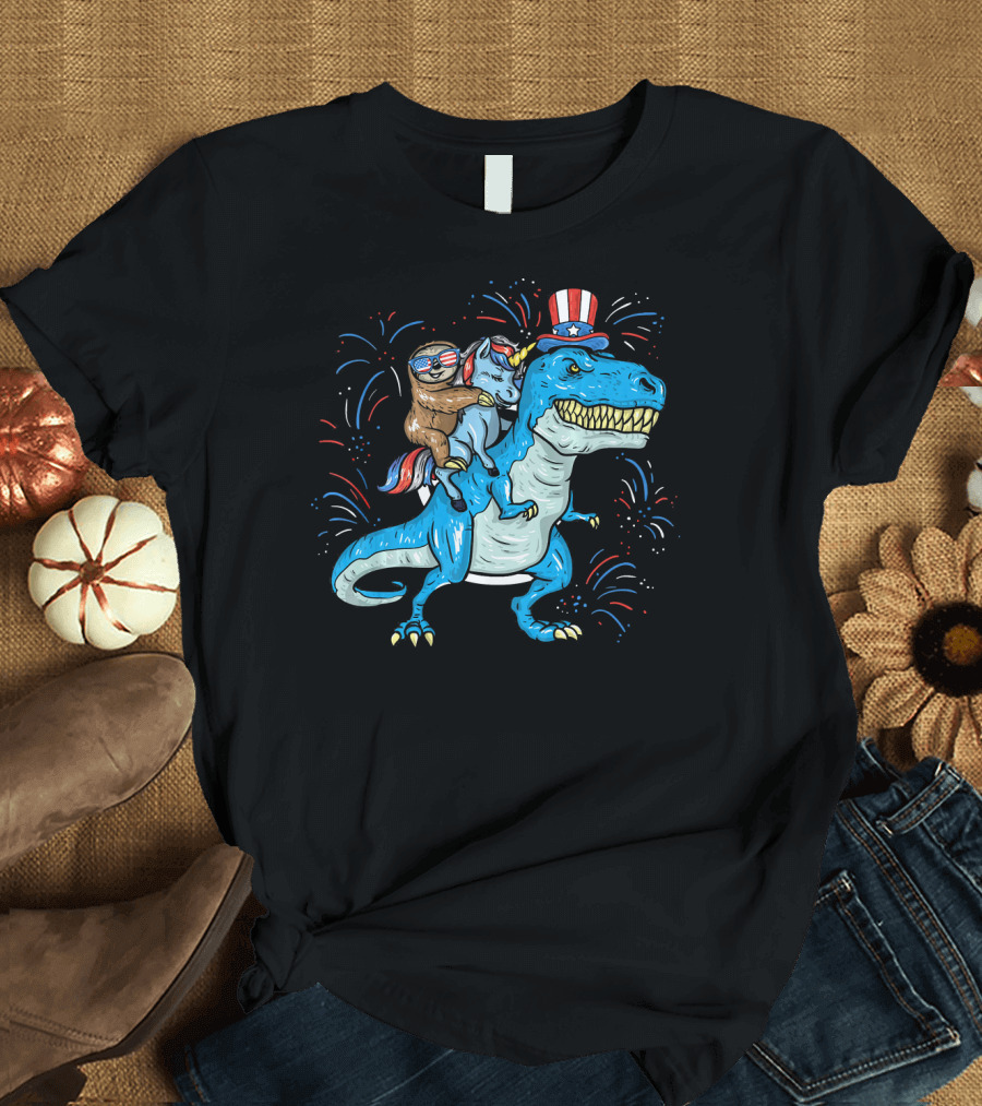 Patriotic Sloth Unicorn Rex Dinosaur Fireworks 4th Of July T-Shirt