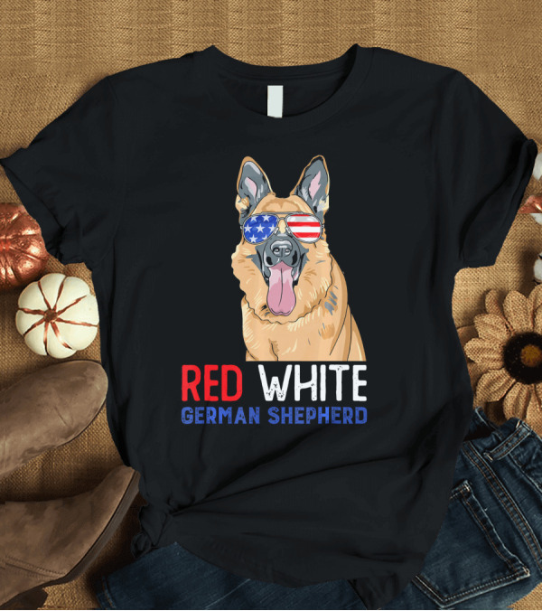 T-Shirt: Red White German Shepherd USA Sunglasses Stars Stripes T-Shirt Red White German Shepherd USA Sunglasses Stars Stripes T-Shirt