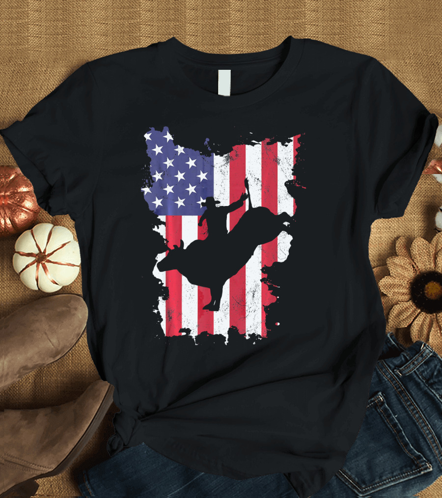 Bull Riding Cowboy Silhouette USA Flag T-Shirt
