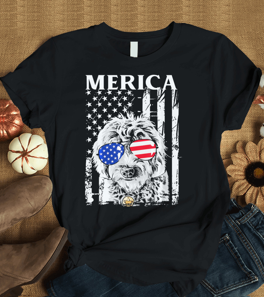 MERICA Goldendoodle USA Flag 4th of July Sunglasses T-Shirt