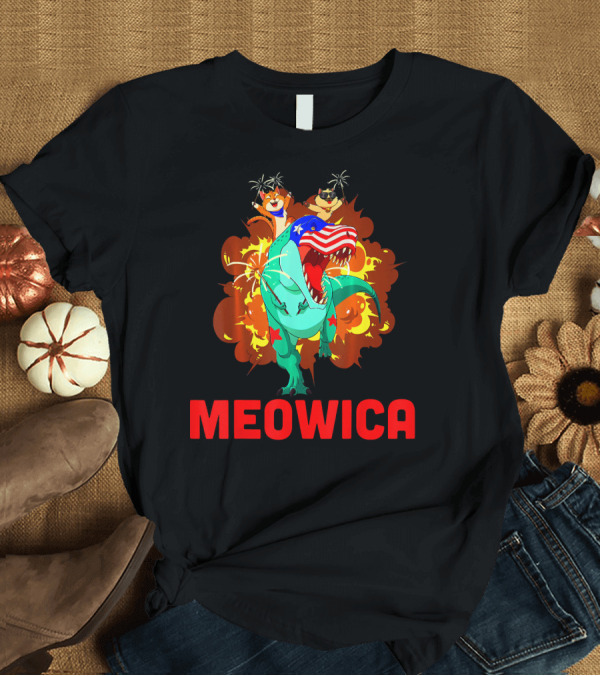 T-Shirt: Meowica Cat Trex Dinosaur Explosion 4th of July Am T-Shirt Meowica Cat Trex Dinosaur Explosion 4th of July Am T-Shirt