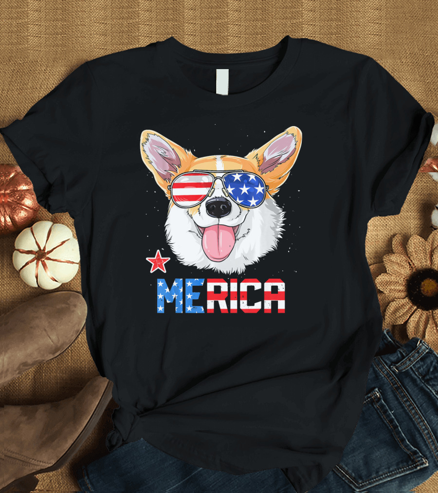 Corgi Merica 4th of July Kids Patriotic Dog with American Flag Sunglasses T-Shirt