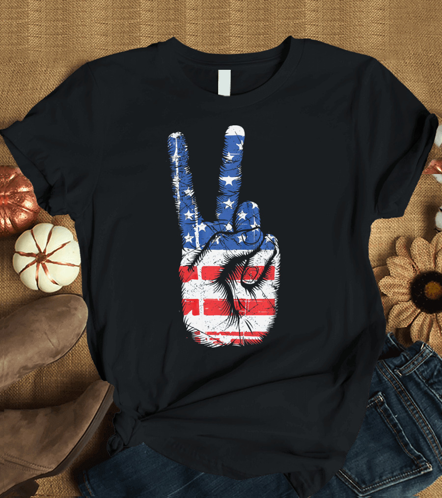American Flag Peace Sign Hand Gesture T-Shirt