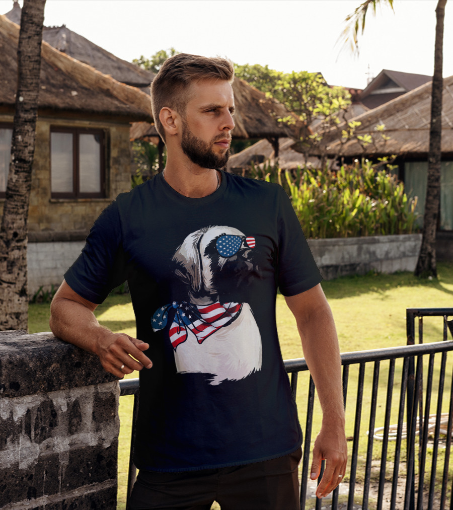 American Flag English Mastiff With Patriotic Stars And Stripes Sunglasses And Scarf T-Shirt