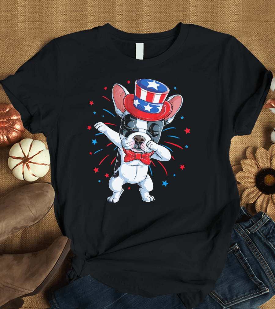 Dabbing French Bulldog Uncle Sam Hat Fireworks 4th of July T-Shirt