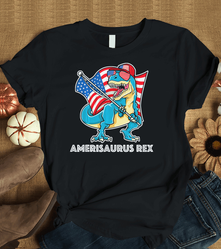 Amerisaurus Rex Patriotic Dinosaur with American Flag and Sunglasses T-Shirt