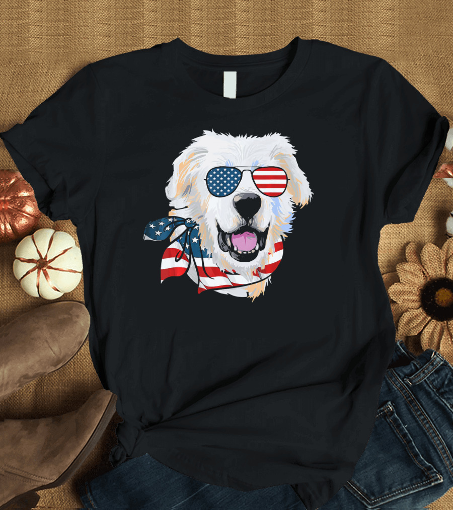 American Flag Great Pyrenees Dog with Patriotic Sunglasses and Bandana T-Shirt