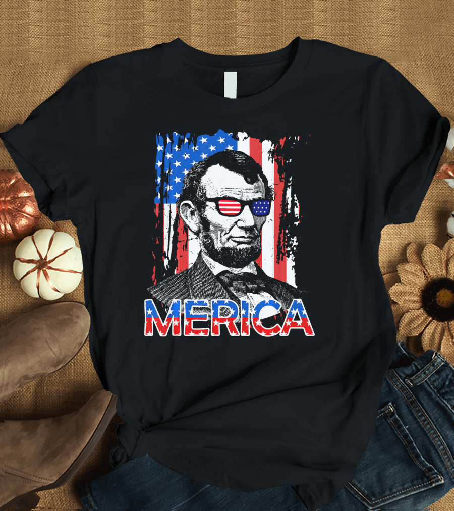 Merica American Flag Abe Lincoln with Sunglasses T-Shirt