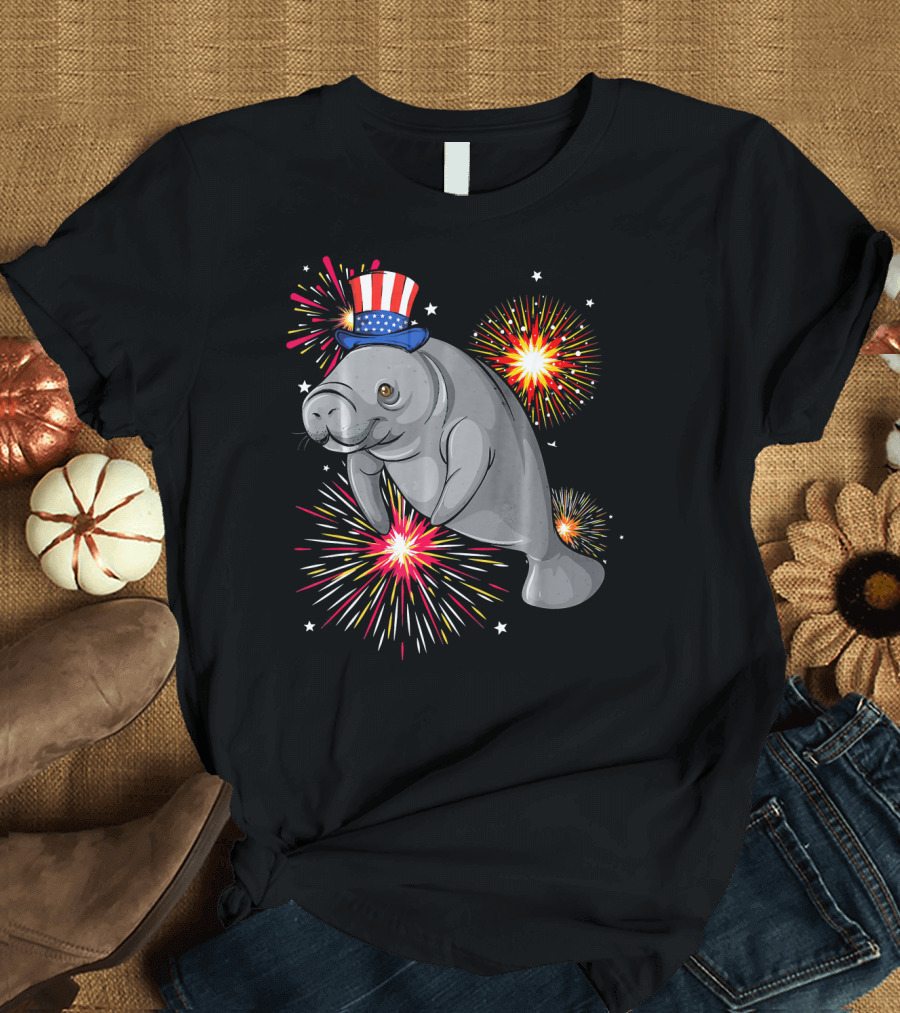 4th of July Manatee Fireworks Celebration with Patriotic Hat T-Shirt