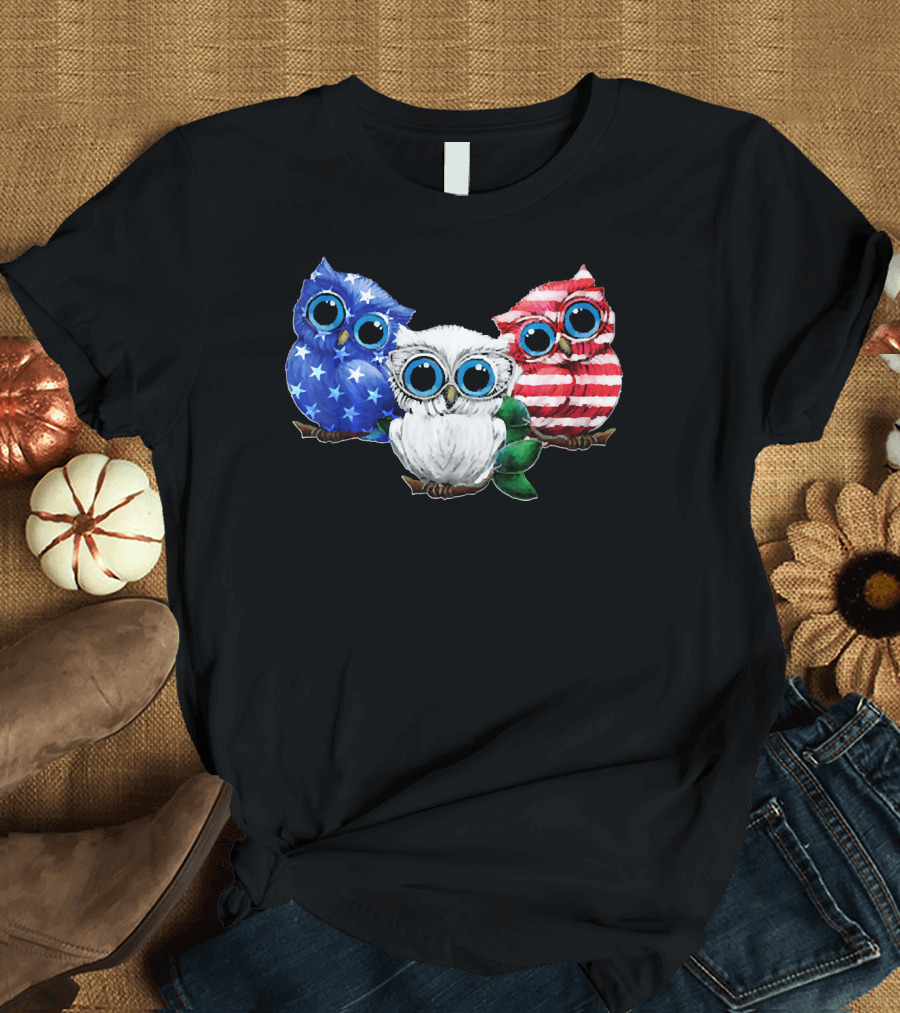 Owl Trio in American Flag Colors for 4th of July T-Shirt