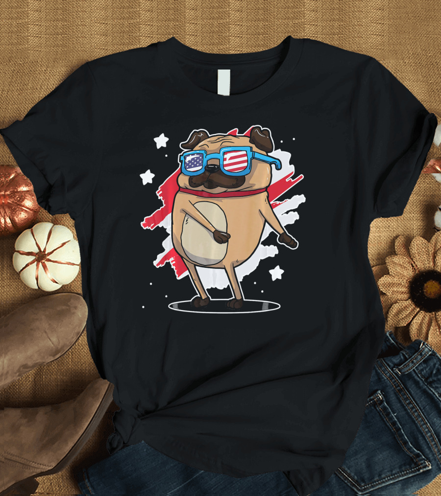 4th Of July Pug USA Floss Patriotic Sunglasses Stars and Stripes Dance T-Shirt