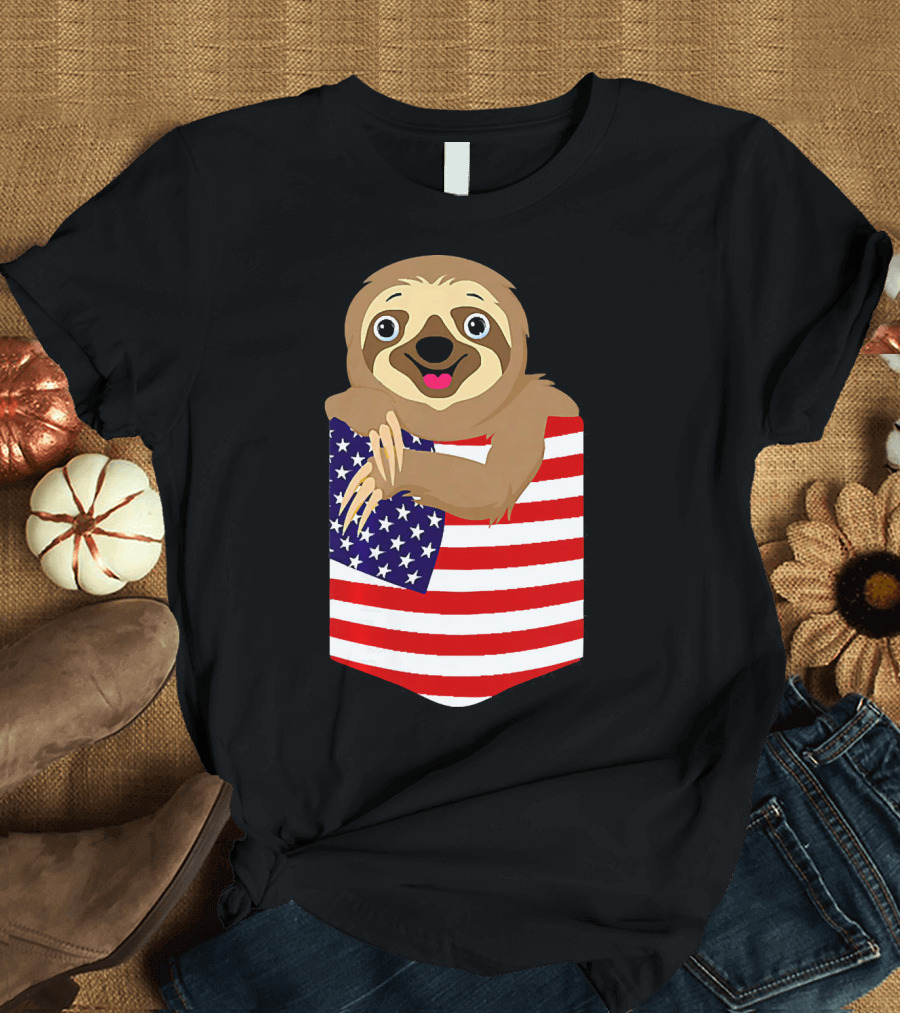 4th of July Funny Sloth Peekin' from American Flag Pocket T-Shirt