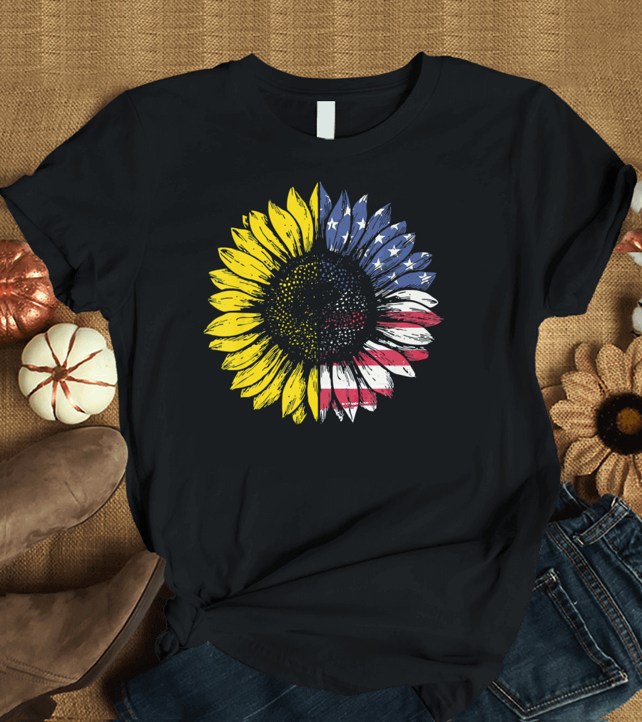 Sunflower with American Flag Stars and Stripes Patriotic T-Shirt