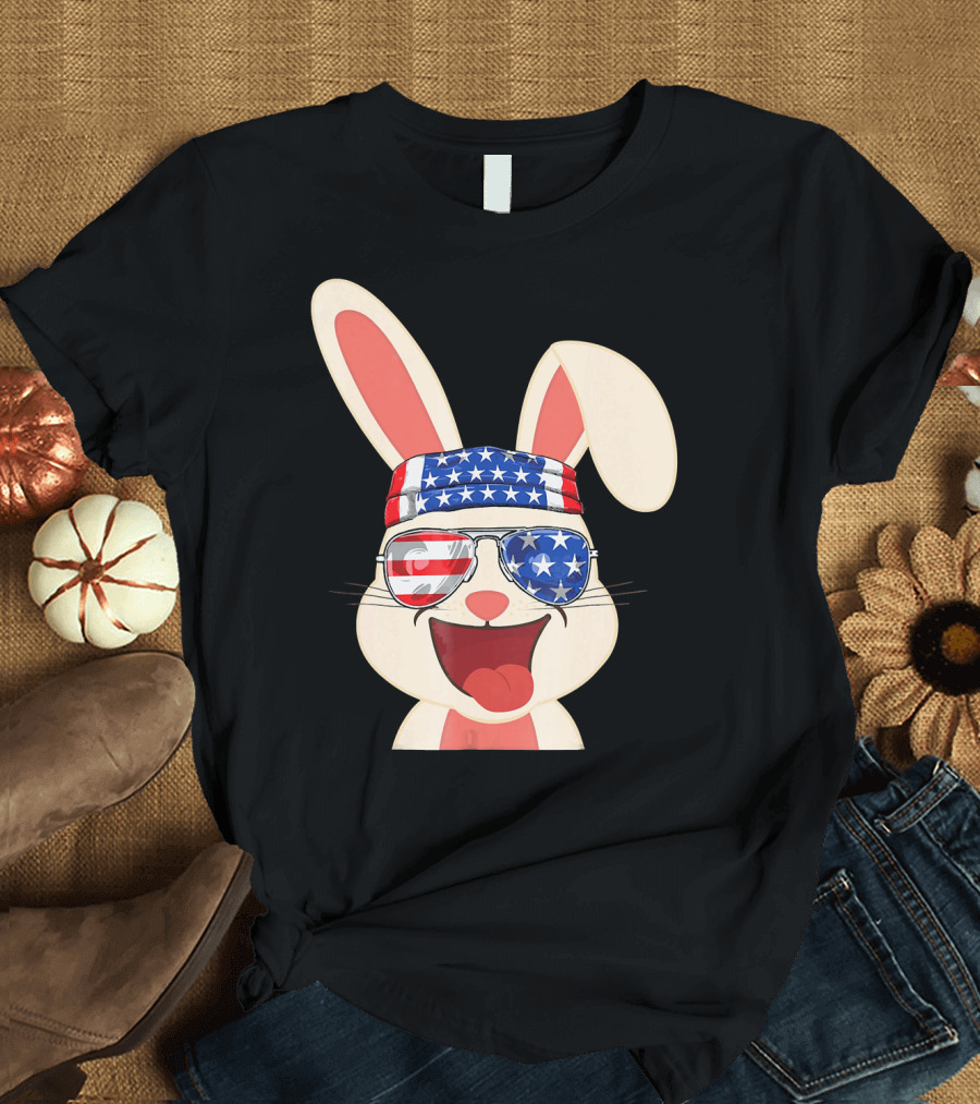 Vintage Patriot Rabbit American Flag Bandana Sunglasses 4th of July T-Shirt