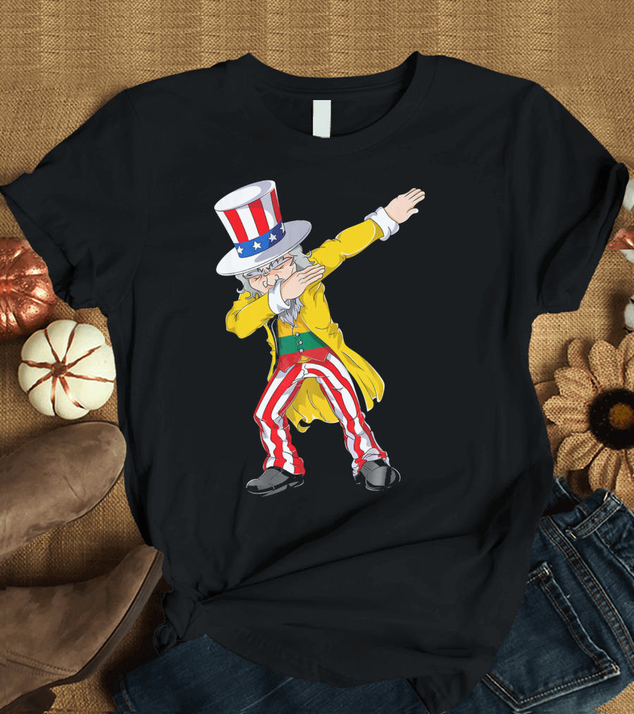 Lithuanian Uncle Sam Dabbing Pose with Patriotic Hat and Striped Pants T-Shirt