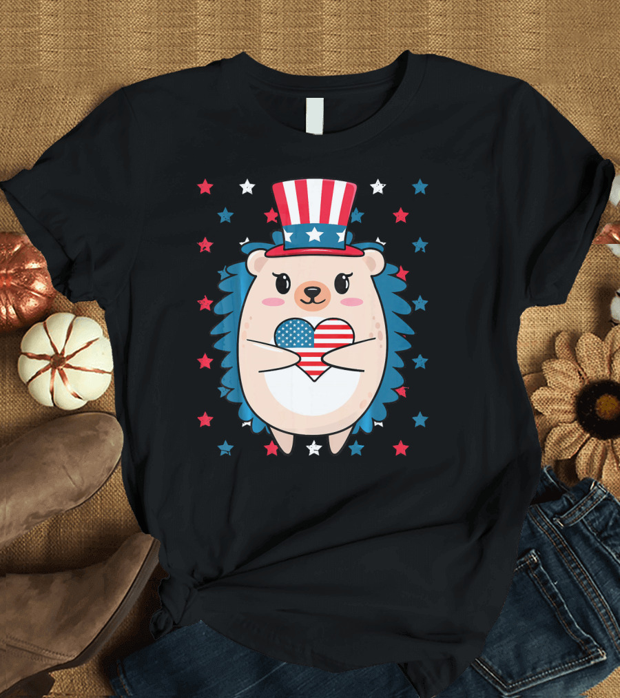 Hedgehog Patriotic Stars Uncle Sam Hat Holding USA Flag Heart T-Shirt