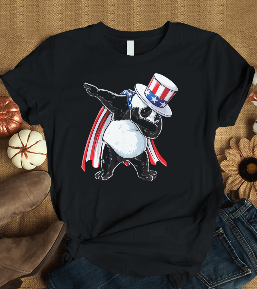 Uncle Sam Panda Dabbing with Stars and Stripes Hat and Cape T-Shirt