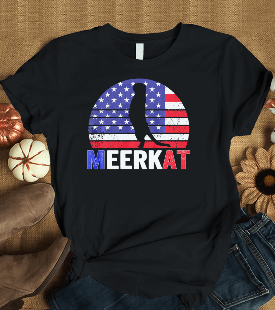 Meerkat Silhouette on Distressed US Flag Circle 4th of July T-Shirt