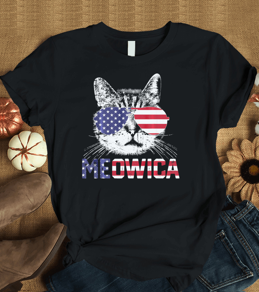 Meowica 4th of July Cat American Flag Sunglasses T-Shirt