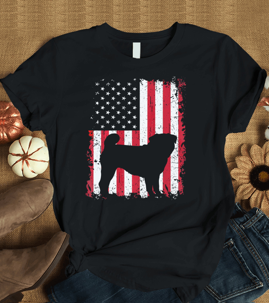 USA Flag Pug Silhouette 4th of July Patriotic American T-Shirt