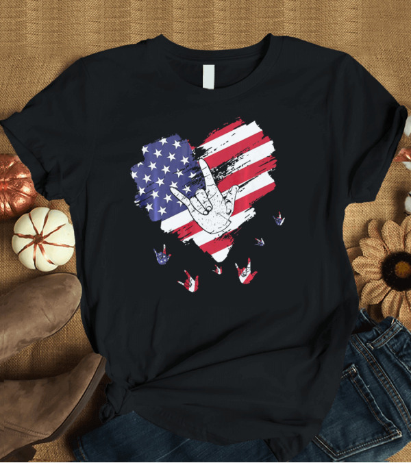 T-Shirt: I Love You American Sign Language Hand Shape Heart with USA Flag Colors T-Shirt I Love You American Sign Language Hand Shape Heart with USA Flag Colors T-Shirt