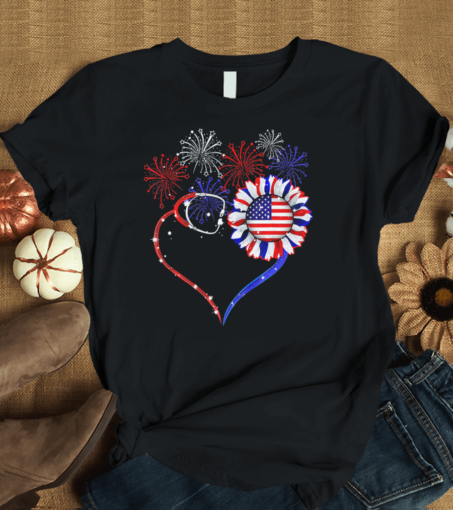 Nurse Heart Stethoscope Sunflower American Flag Fireworks T-Shirt