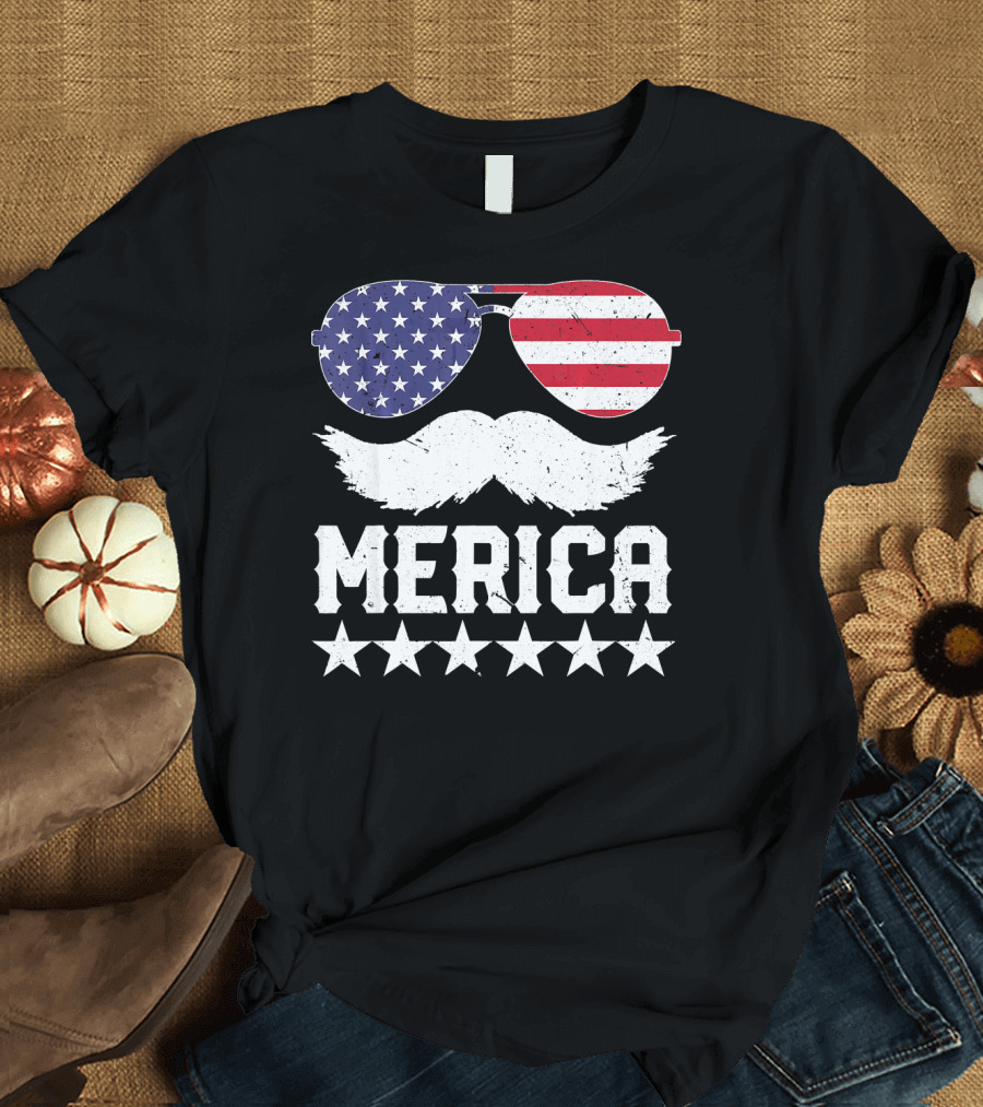 MERICA American Flag Sunglasses and Mustache 4th of July T-Shirt