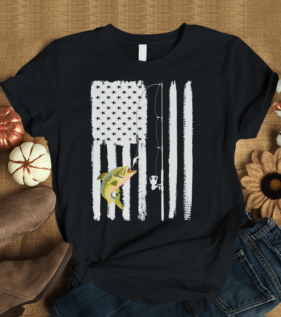 American Flag Fishing Pole with Fish USA Patriotic T-Shirt