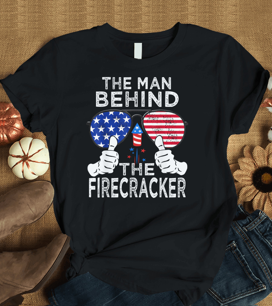 The Man Behind the Firecracker Patriotic Sunglasses Stars Stripes T-Shirt