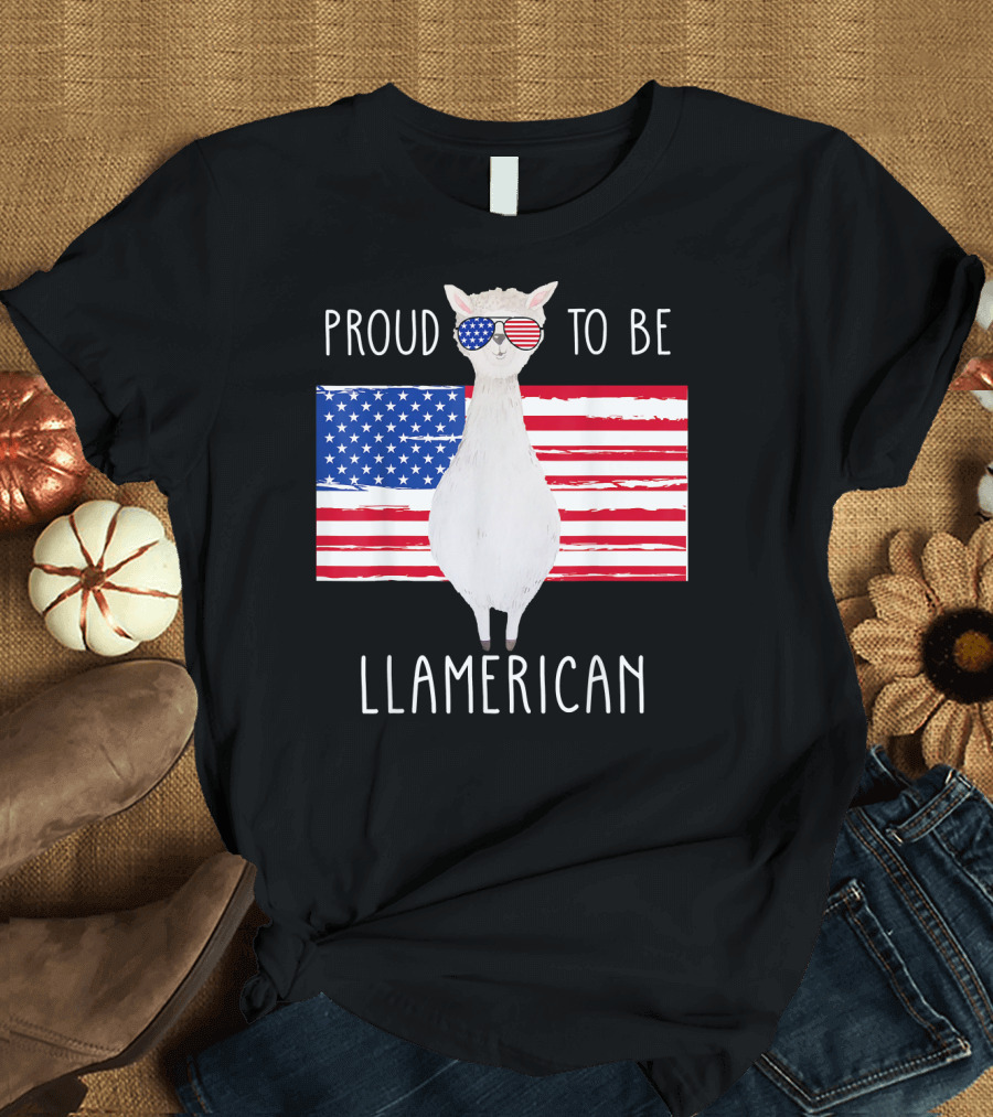 Proud To Be Llamerican Funny Llama with American Flag Sunglasses T-Shirt