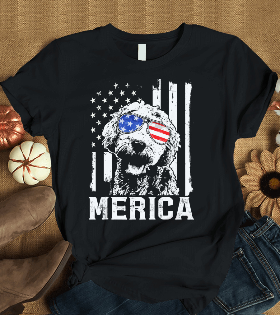 Merica Goldendoodle with American Flag Sunglasses and Stripes T-Shirt