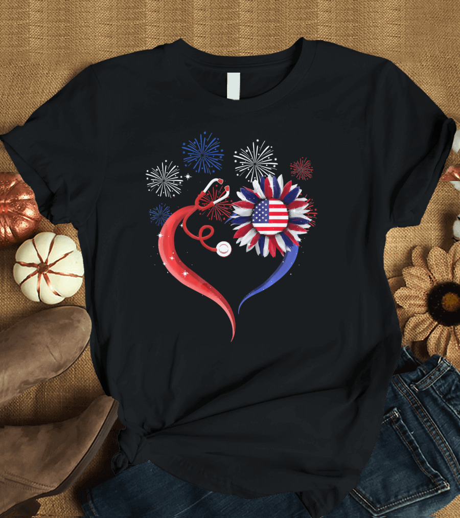 Heart Shaped Red Stethoscope Sunflower with USA Flag and Fireworks T-Shirt