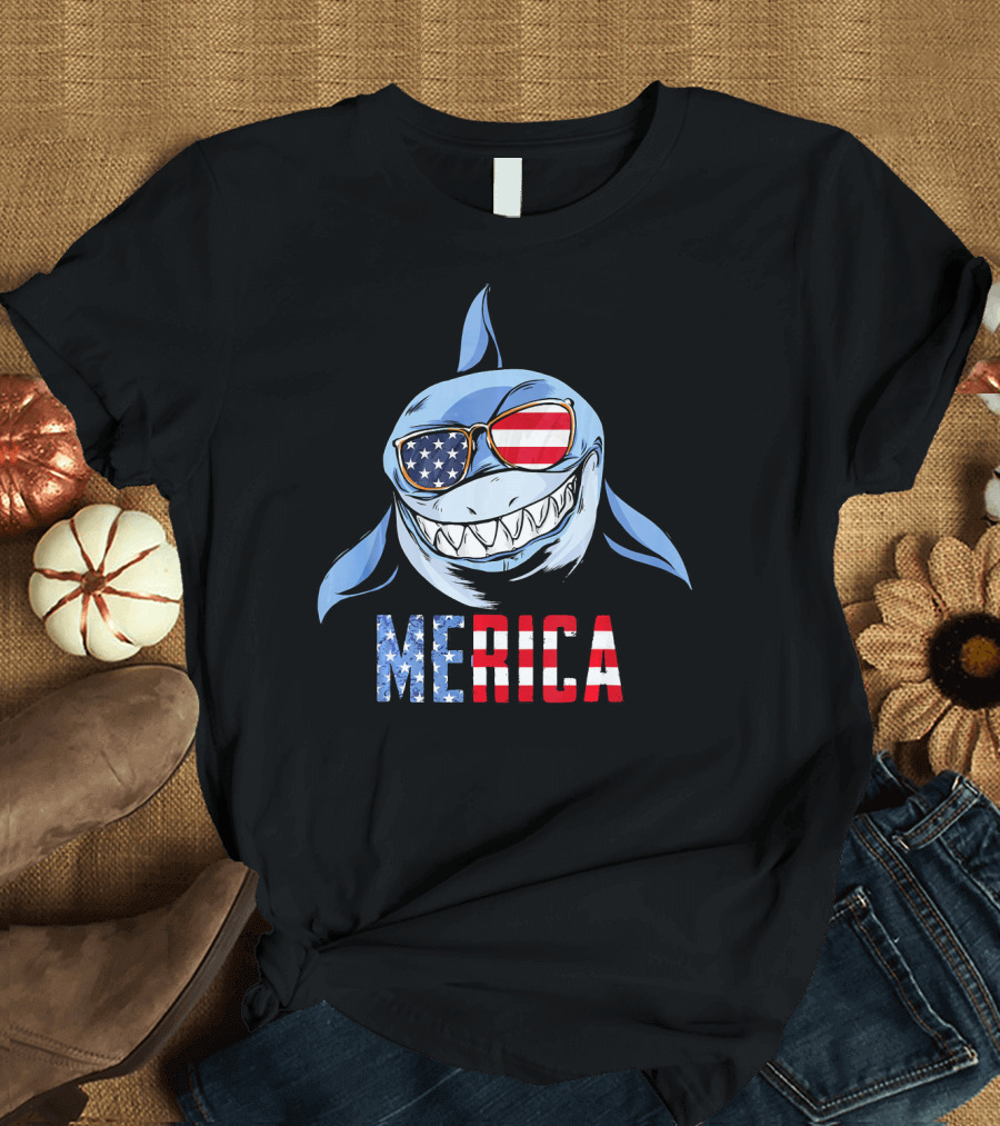 4th of July Merica Shark with American Flag Sunglasses Patriotic T-Shirt