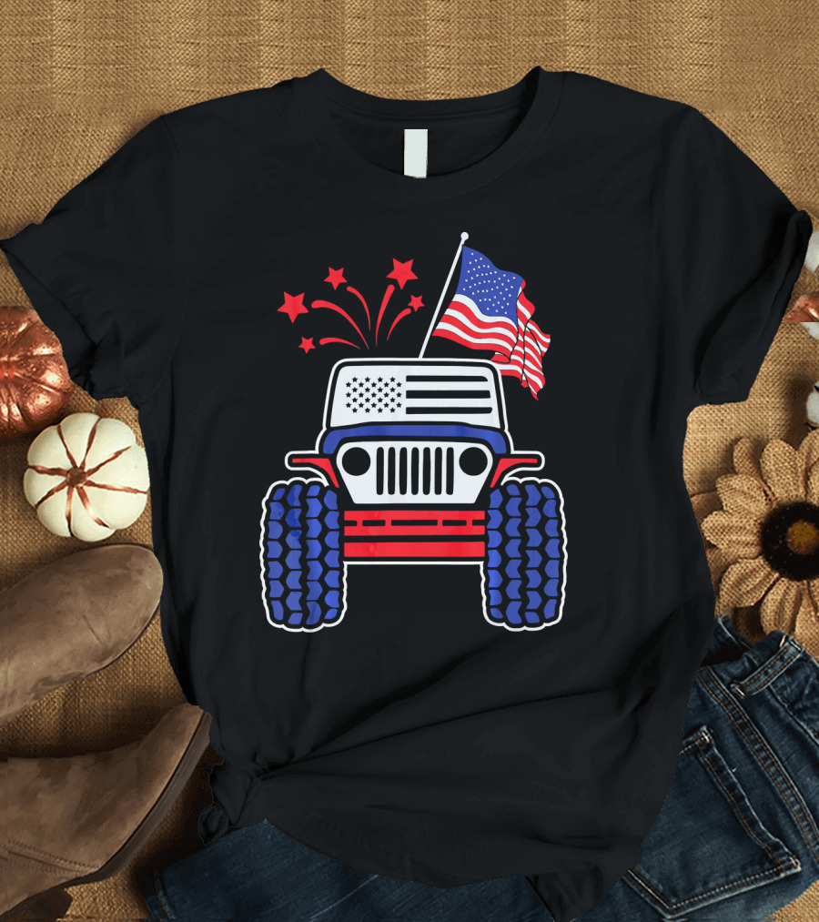Jeep with Stars and Stripes American Flag Fireworks T-Shirt