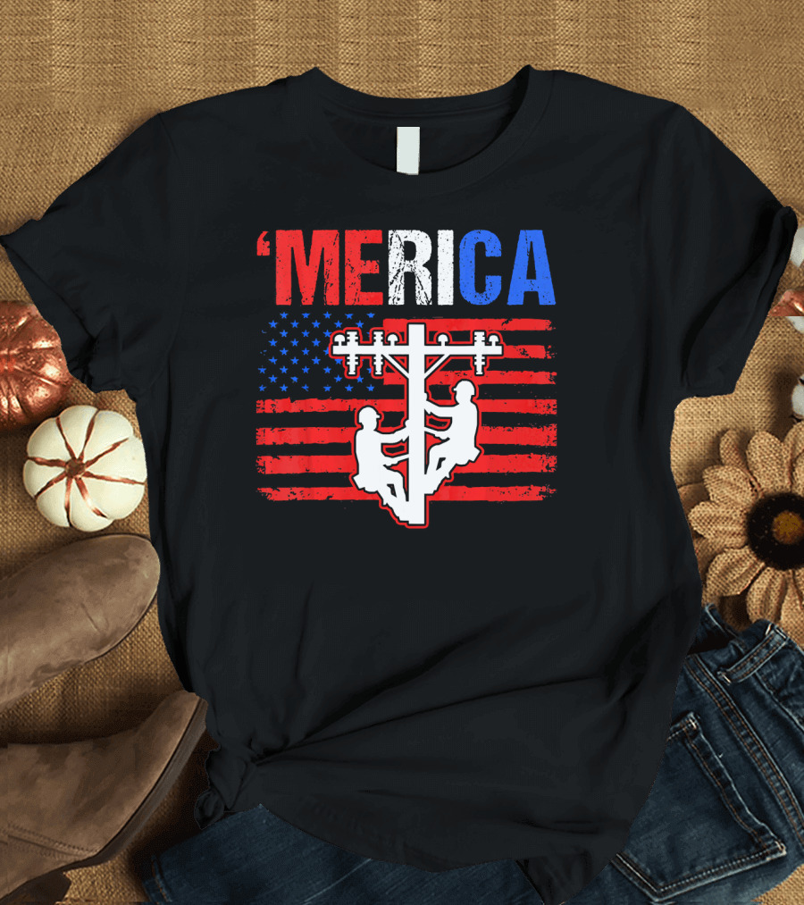 Lineman 'Merica USA Flag 4th of July T-Shirt