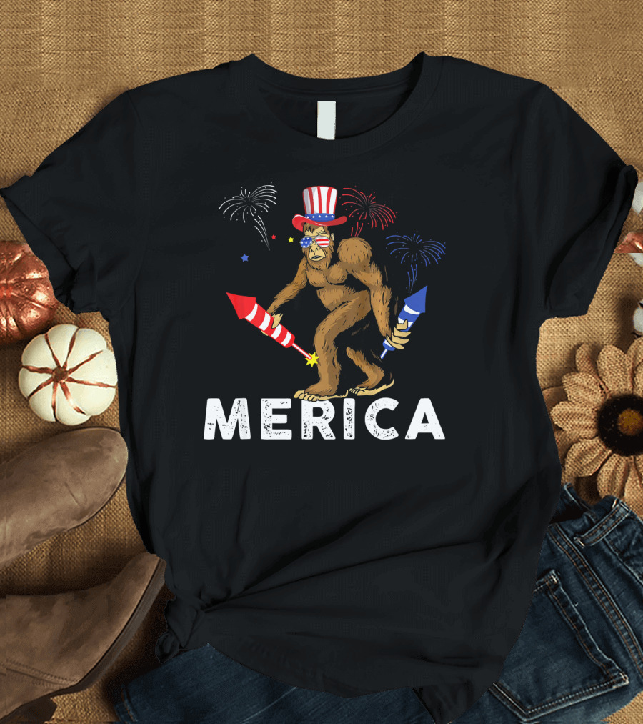 Bigfoot Merica Fireworks Patriotic Hat Independence Day T-Shirt