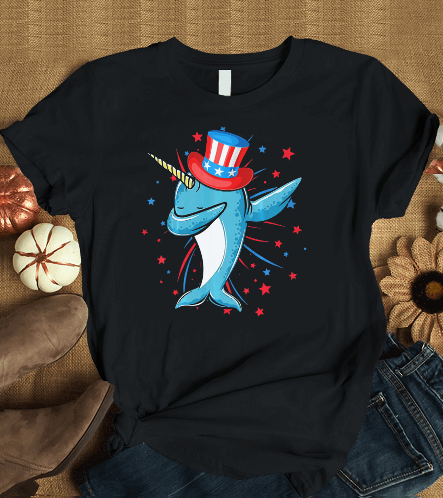Dabbing Narwhal with Stars and Stripes Hat Firework Background T-Shirt