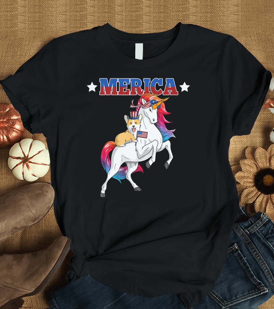 MERICA Corgi Dog Riding Unicorn with American Flag USA T-Shirt