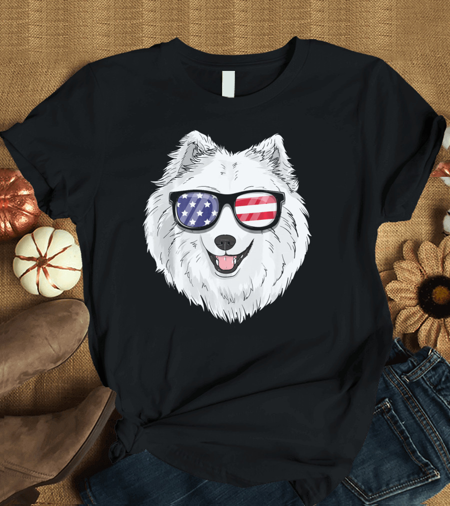 Samoyed Dog USA Patriotic 4th of July American Flag Sunglasses T-Shirt