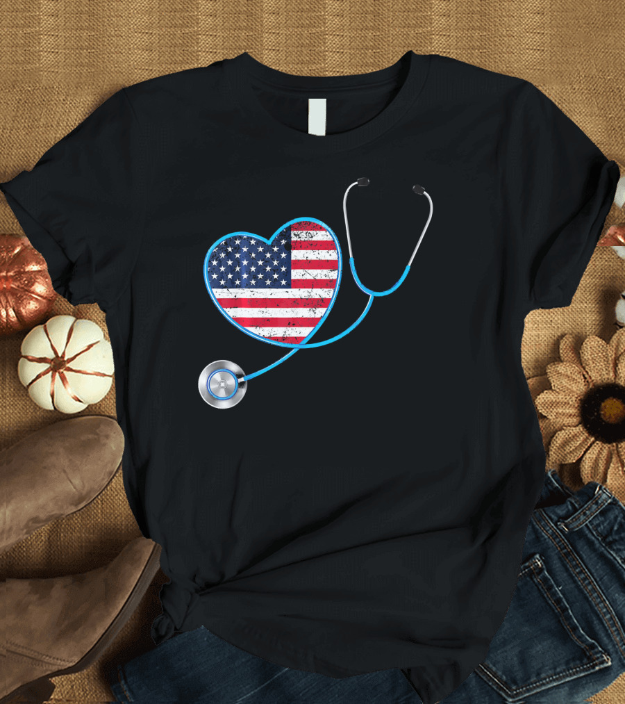 USA Flag Heart Stethoscope 4th Of July Nurse T-Shirt